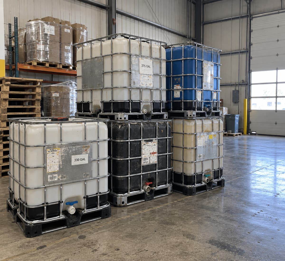 A row of 275 and 330 gallon IBC totes labelled by capacity