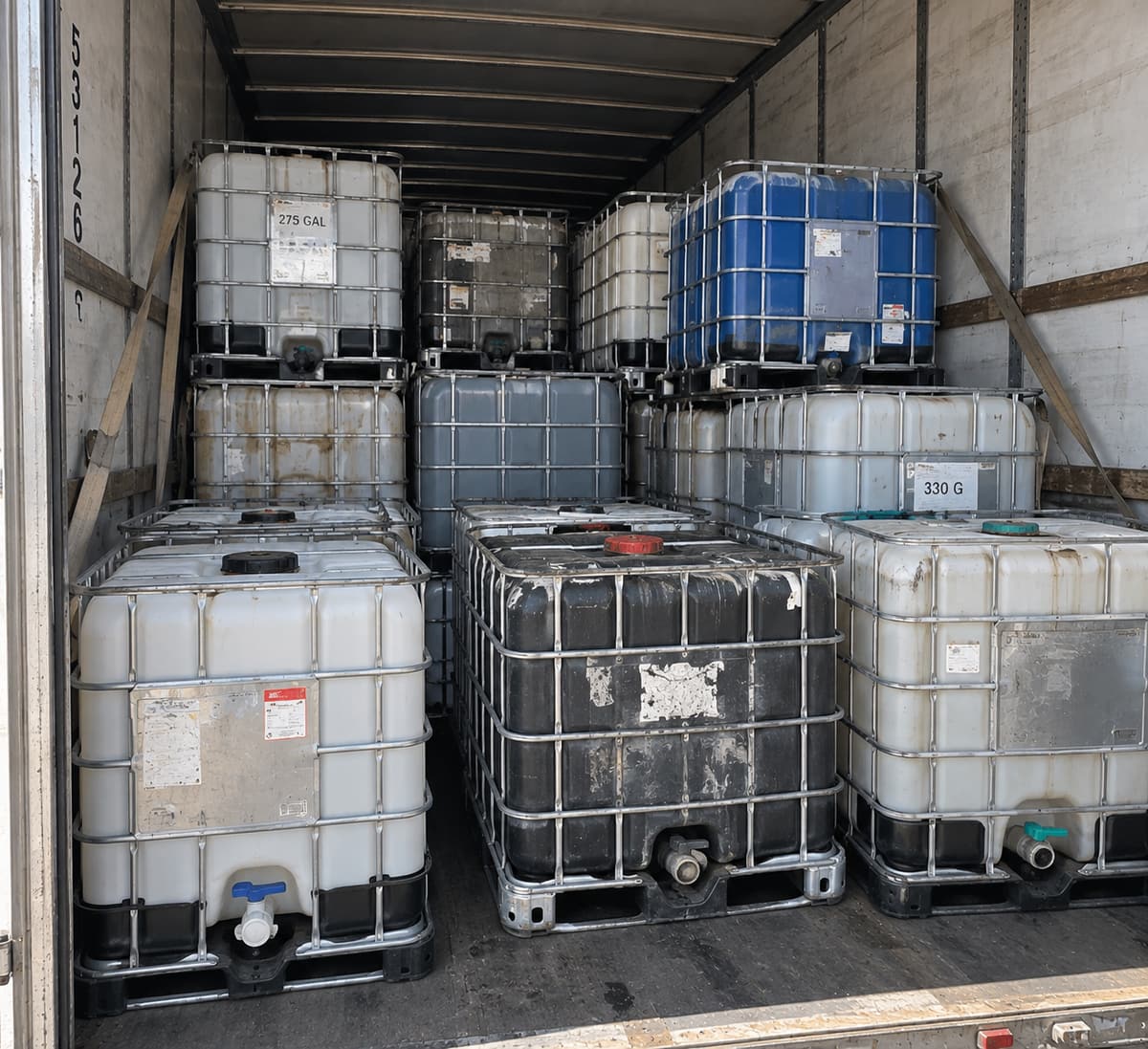 IBC totes double-stacked and loaded into a dry van trailer