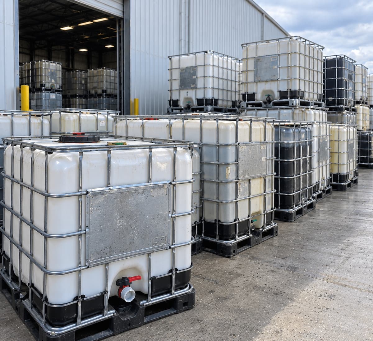 Rows of used IBC totes staged along the yard building at the Cleveland facility